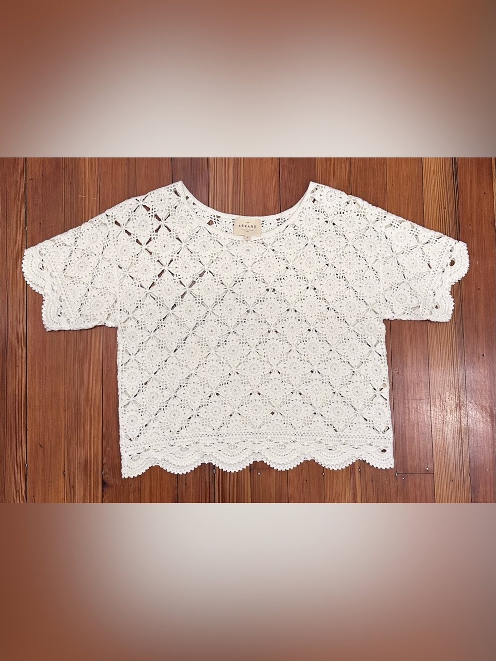 Sezane White Crochet Lace Short-Sleeve Top